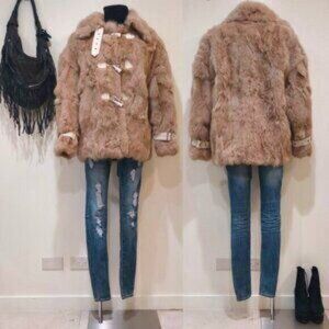 💋BOHO CHIC💋VINTAGE 80s ANGORA RABBIT FUR & LEATHER TOGGLE COAT IN TAUPE